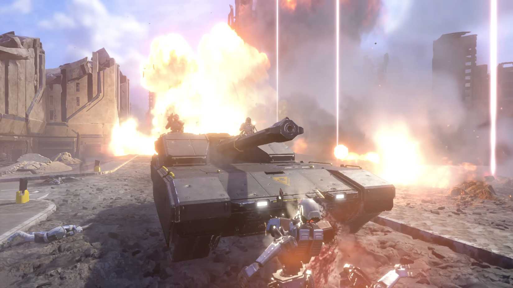 Trailer-Screenshot von Helldivers 2, der Spieler zeigt, die im neuen Bastion Tank fahren.