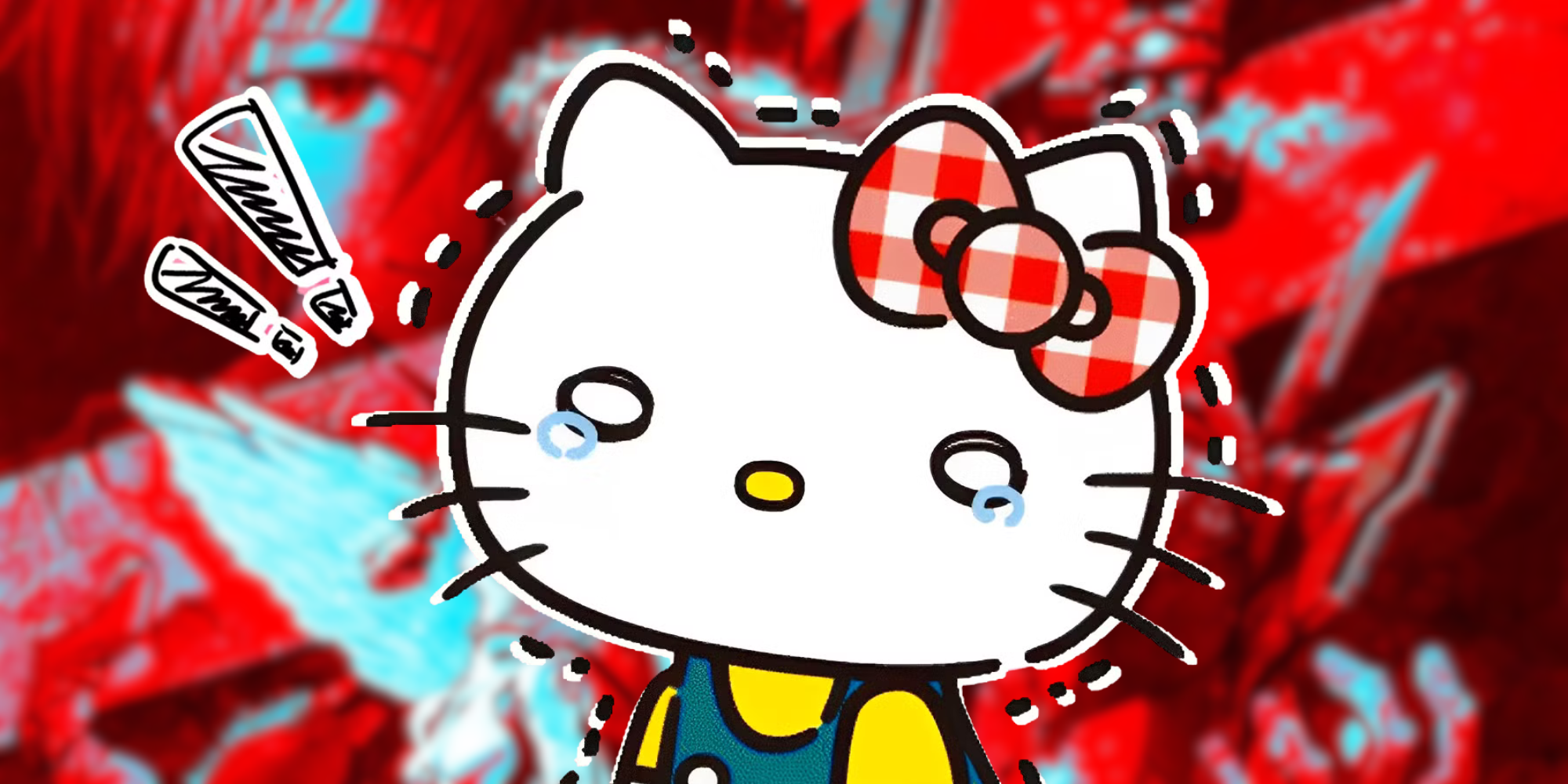 Hello Kitty sieht schockiert vor einem verschwommenen Neon Genesis Evangelion-Poster aus – Anime Featured Image (1)