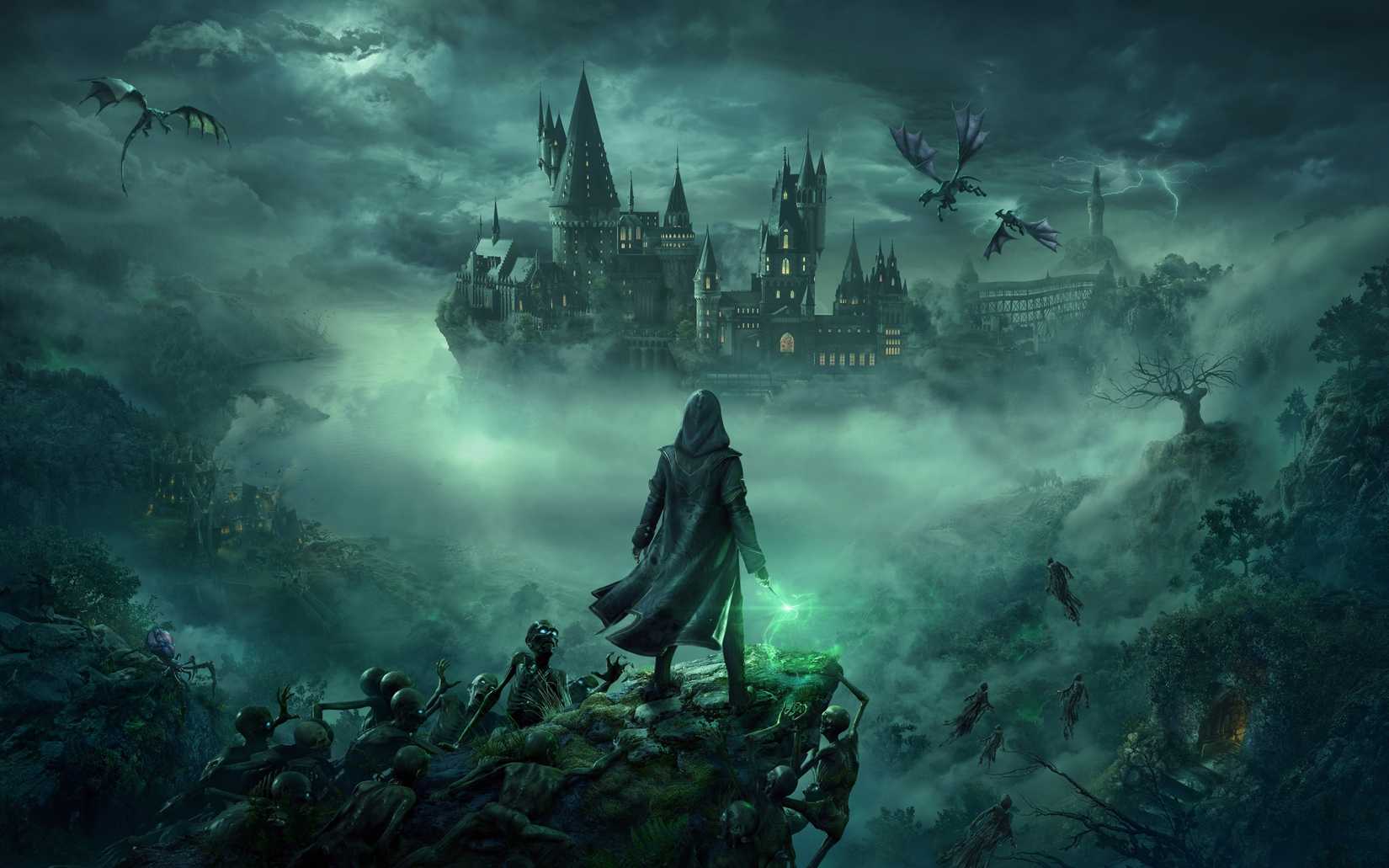 A dark wizard stands in front of Hogwarts