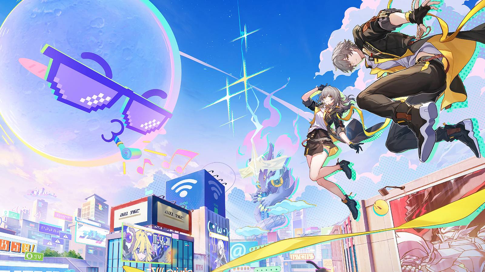 Stelle and Caelus fly over Planarcadia as a giant moon blows on a party horn in Honkai: Star Rail.