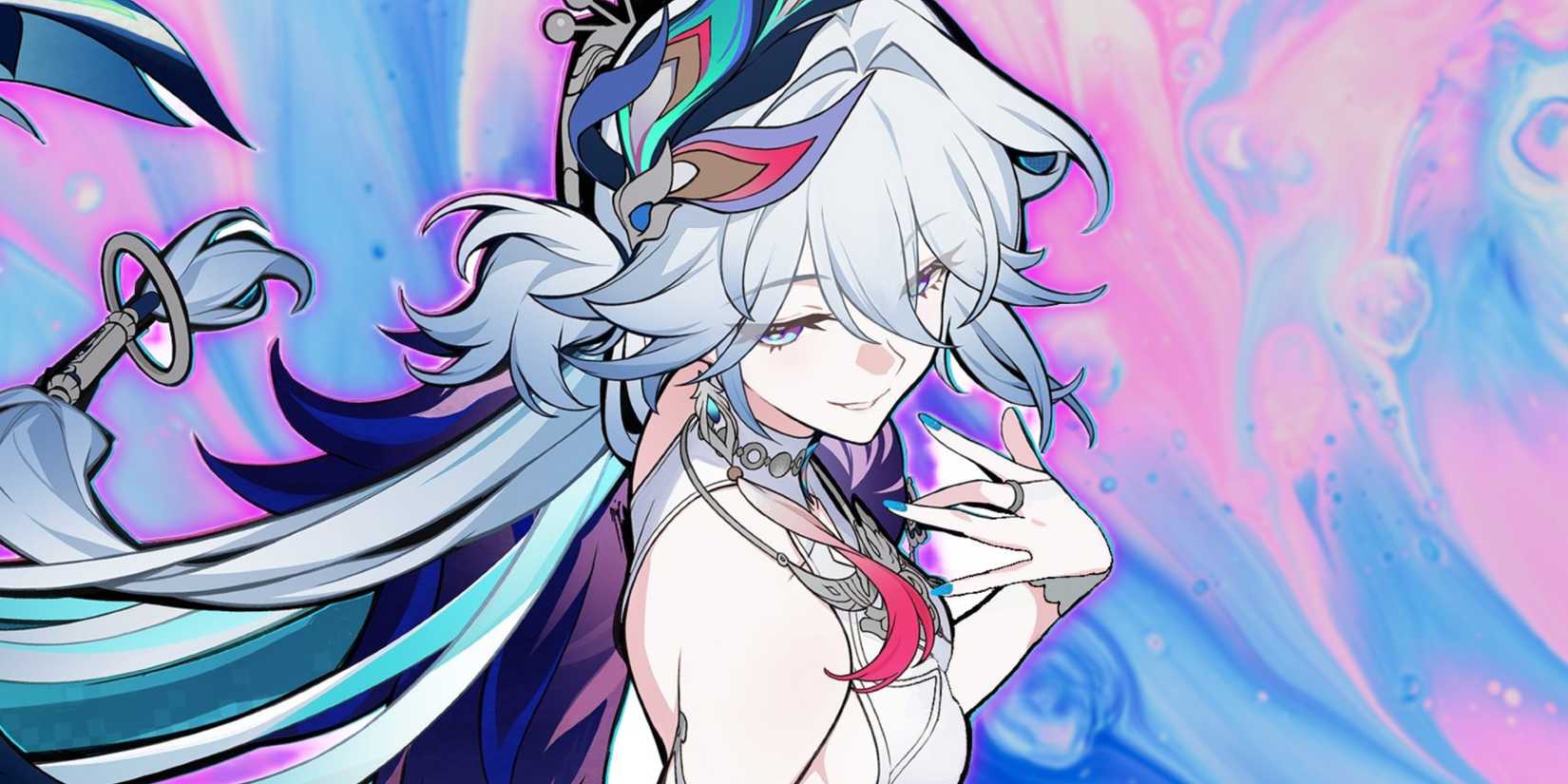 Yao Guang poses in front of a pink and blue background.