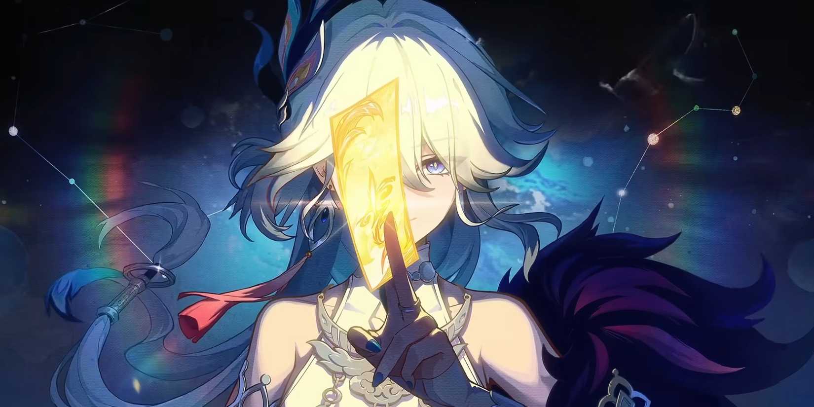 In Honkai Star Rail, Yao Guan holds a glowing card between his fingers.