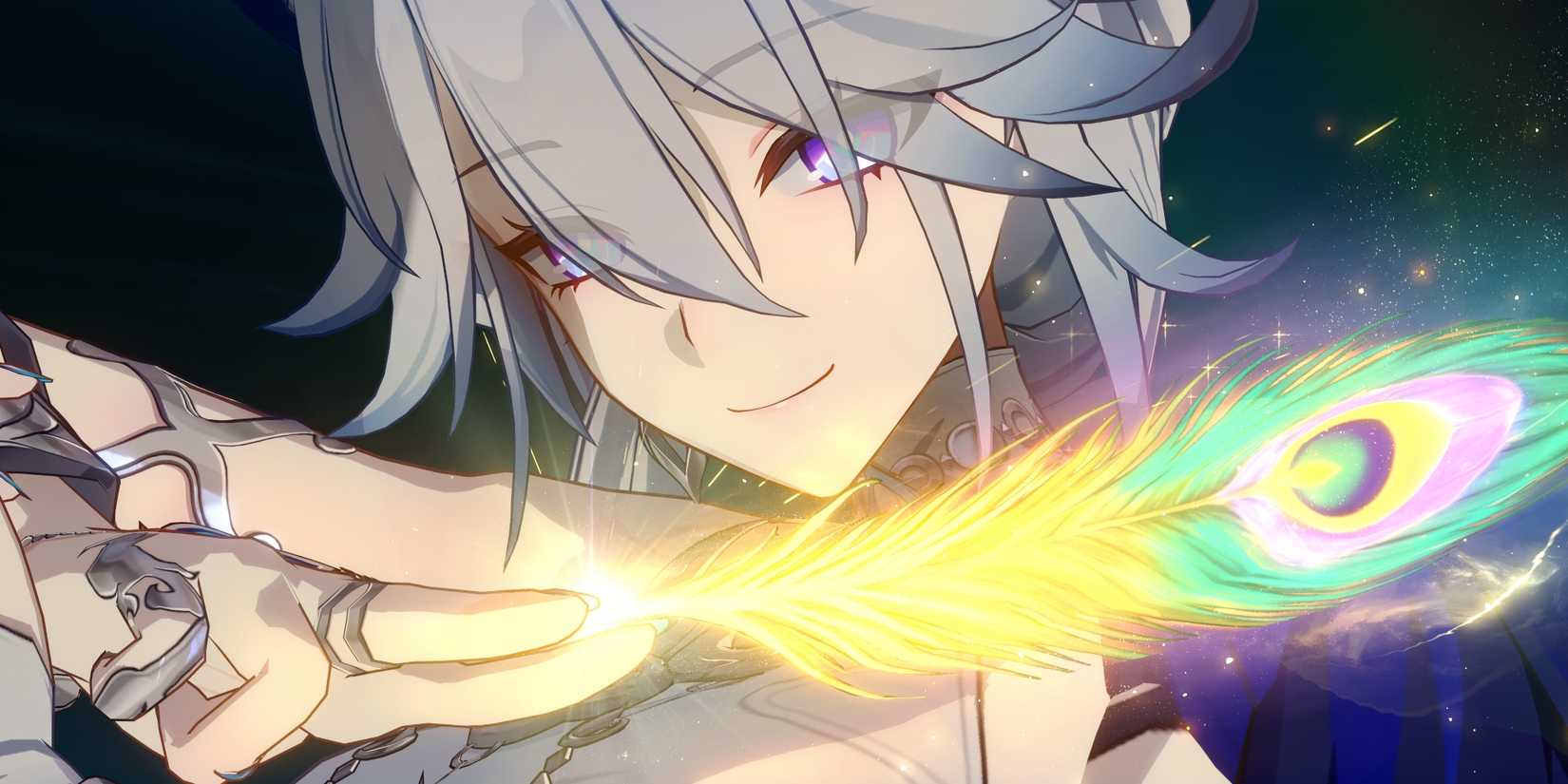 Yao Guang hält in Honkai Star Rail eine Feder zwischen ihren Fingern.