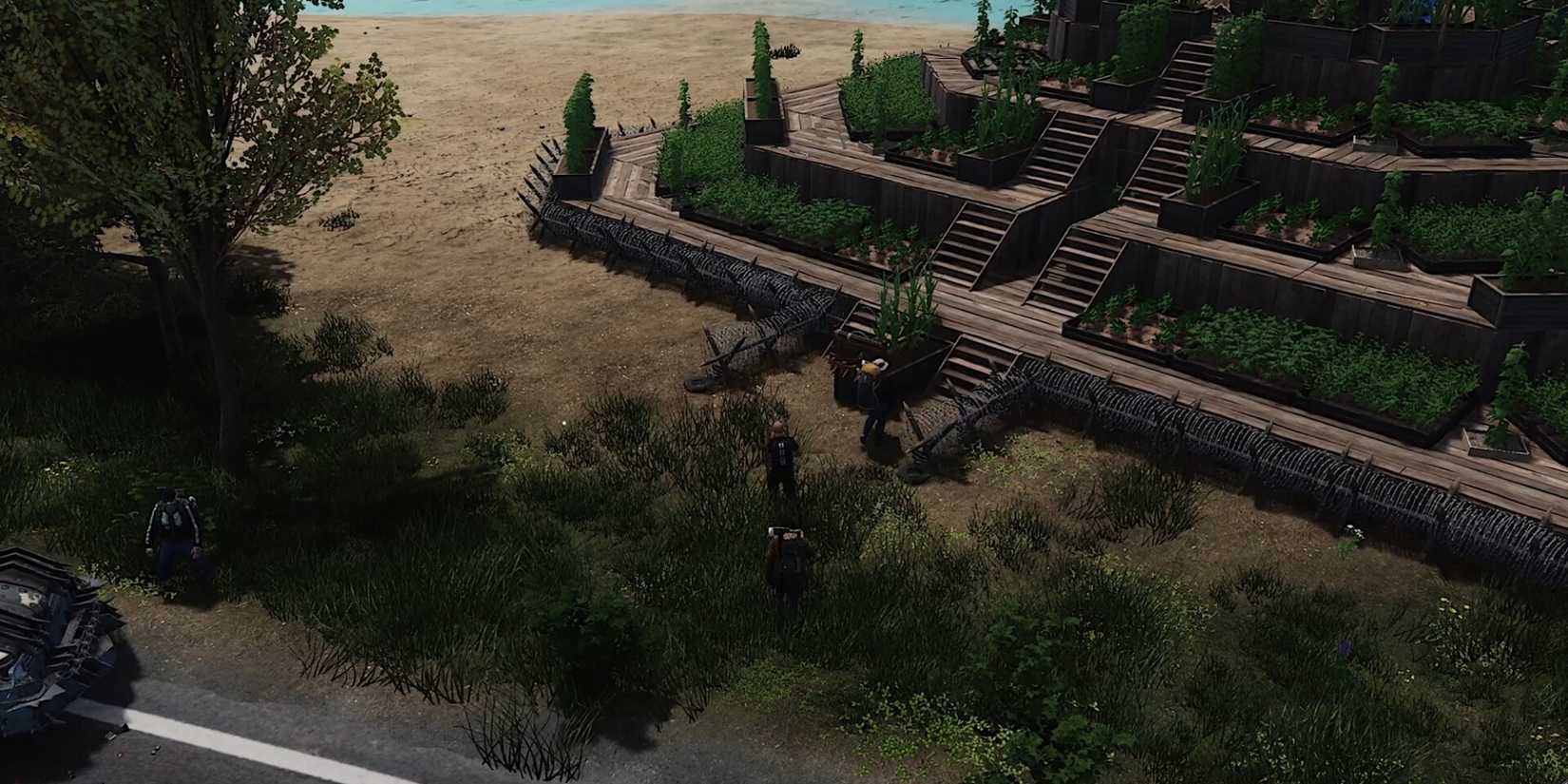 Characters stop in front of a multi-storied base in HumanitZ.