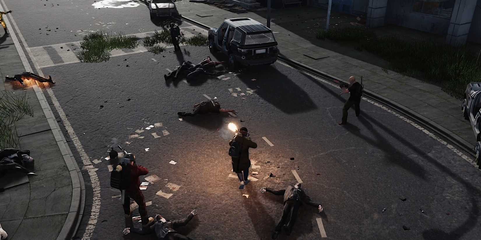 Charaktere feuern in HumanitZ Waffen auf Zombies in einer Straße.