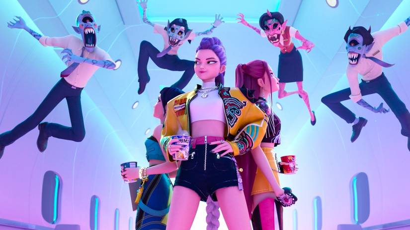 Huntrix standing confidently as demons descend on them in KPop Demon Hunters