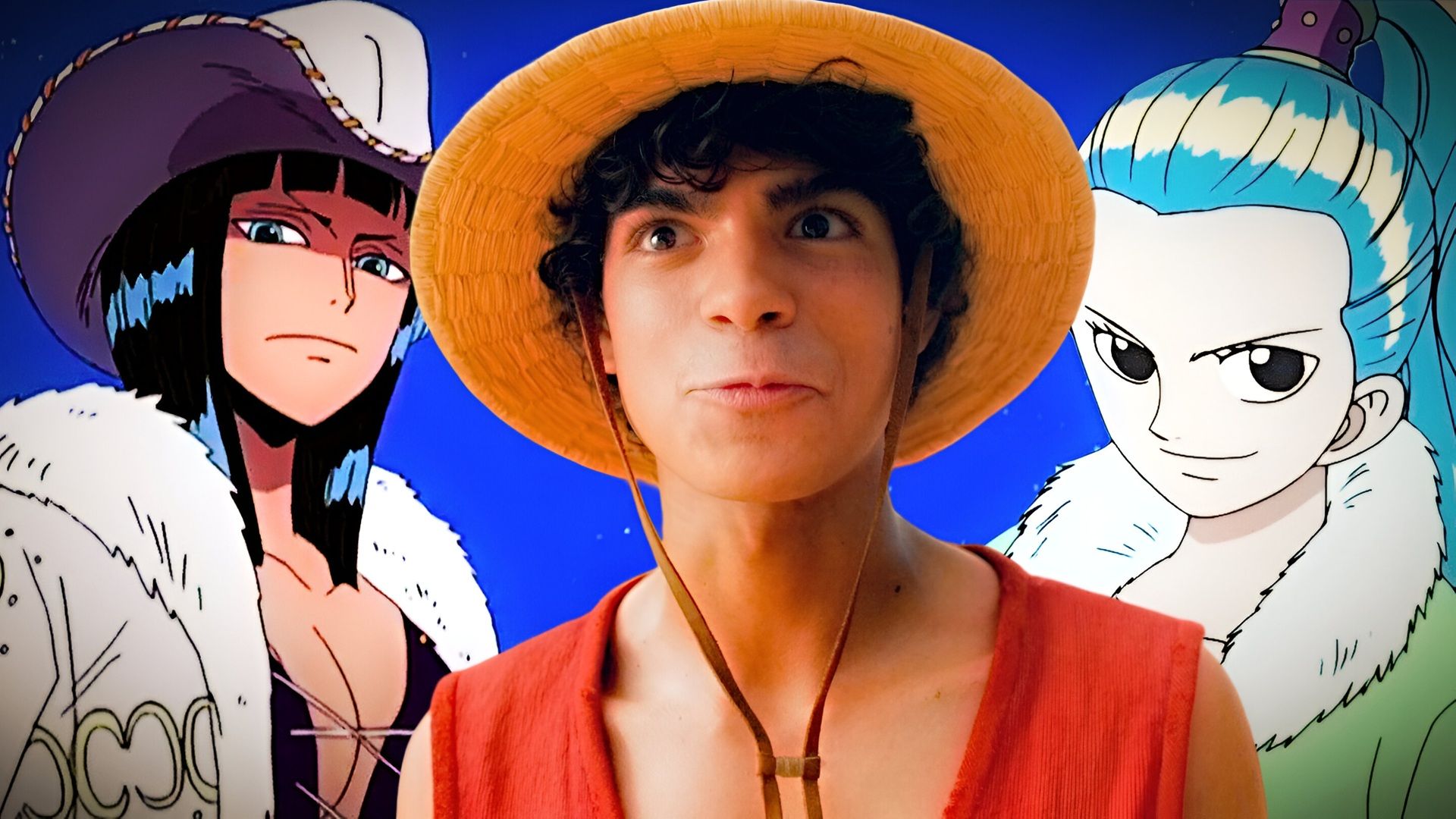 Iñaki Godoy as Monkey D Luffy next to Nico Robin and Vivi from One Piece
