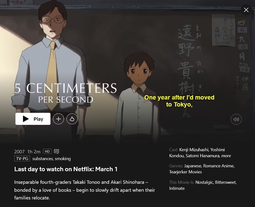 5 Centimeters Per Second leaving Netflix March 1, 2026 image
