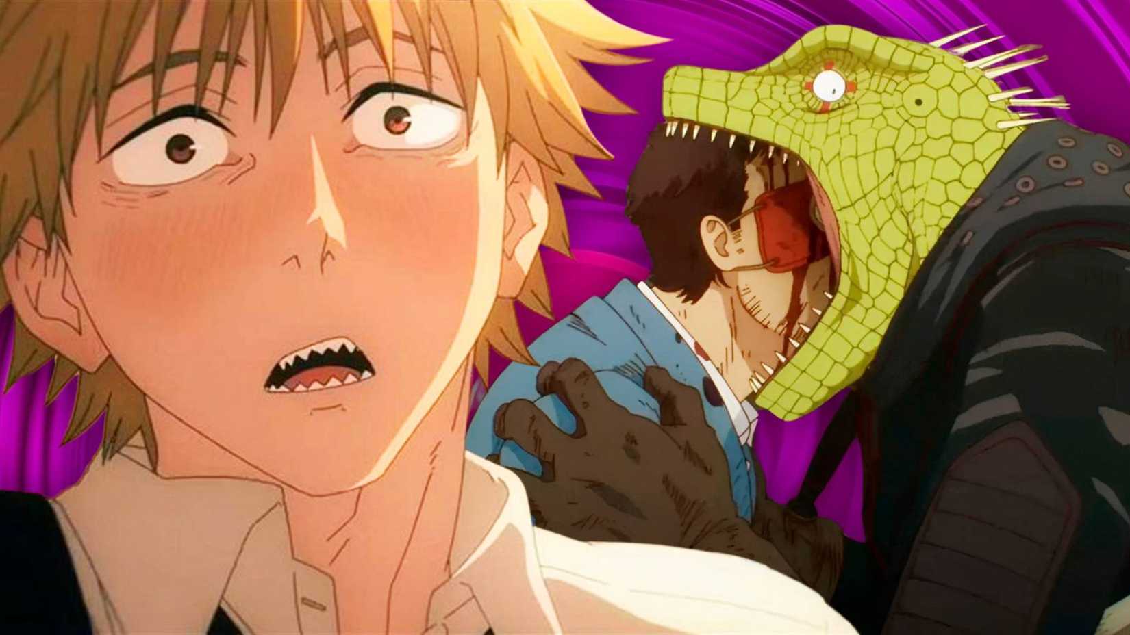 Chainsaw Man's Denji appearing flustered next to scenes from Dorohedoro.