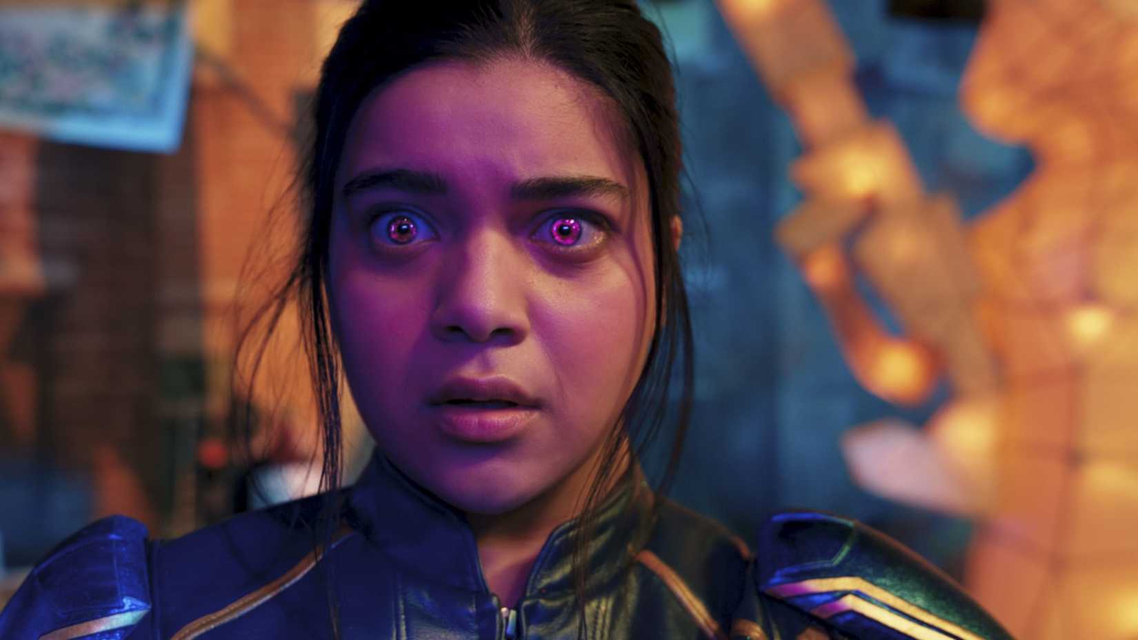 Iman Vellani as Kamala Khan with her eyes glowing in Ms. Marvel