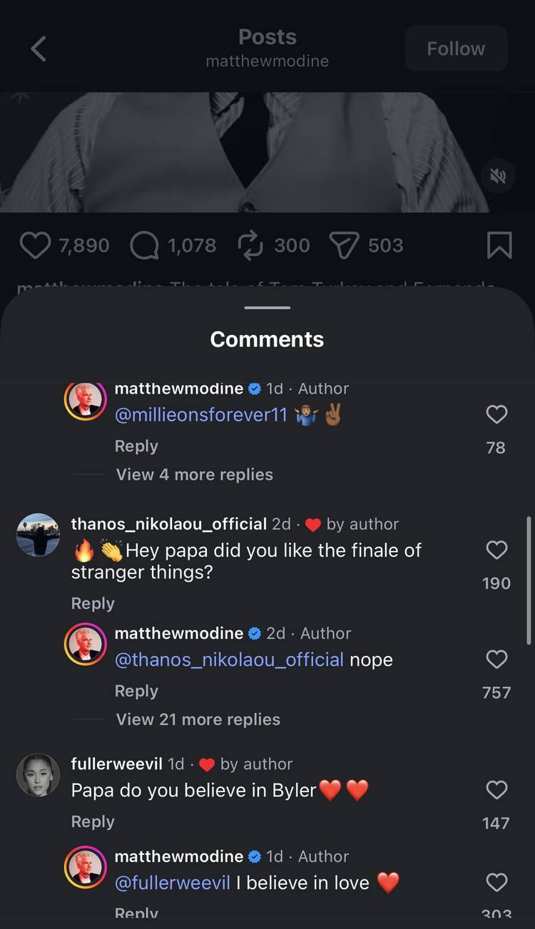 Comentário no Instagram - Matthew Modine