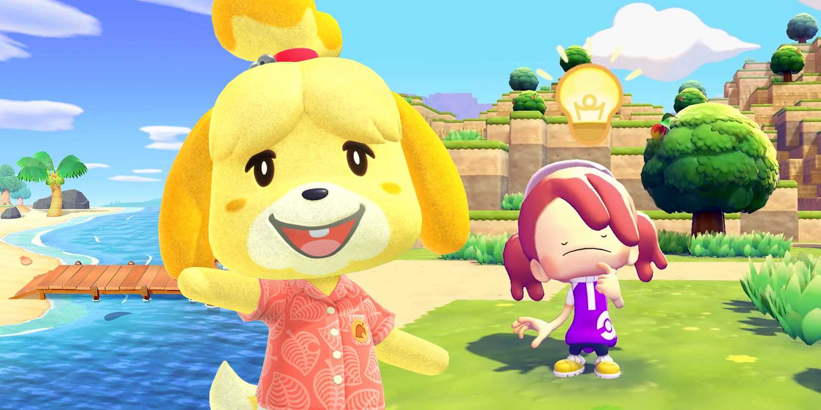 Isabelle from Animal Crossing in front of Ditto from Pokemon Pokopia looking thoughtful with a lightbulb above its head.