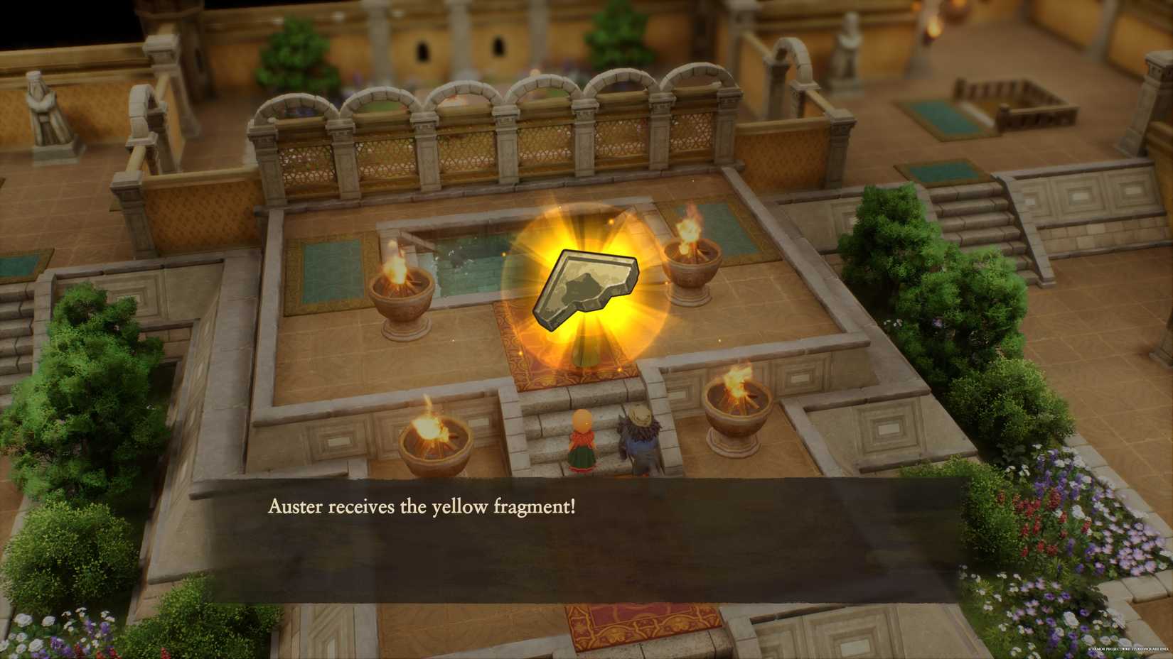 Jacqueline presents the party with a yellow fragment at Alltrades Abbey in Dragon Quest 7 Reimagined.