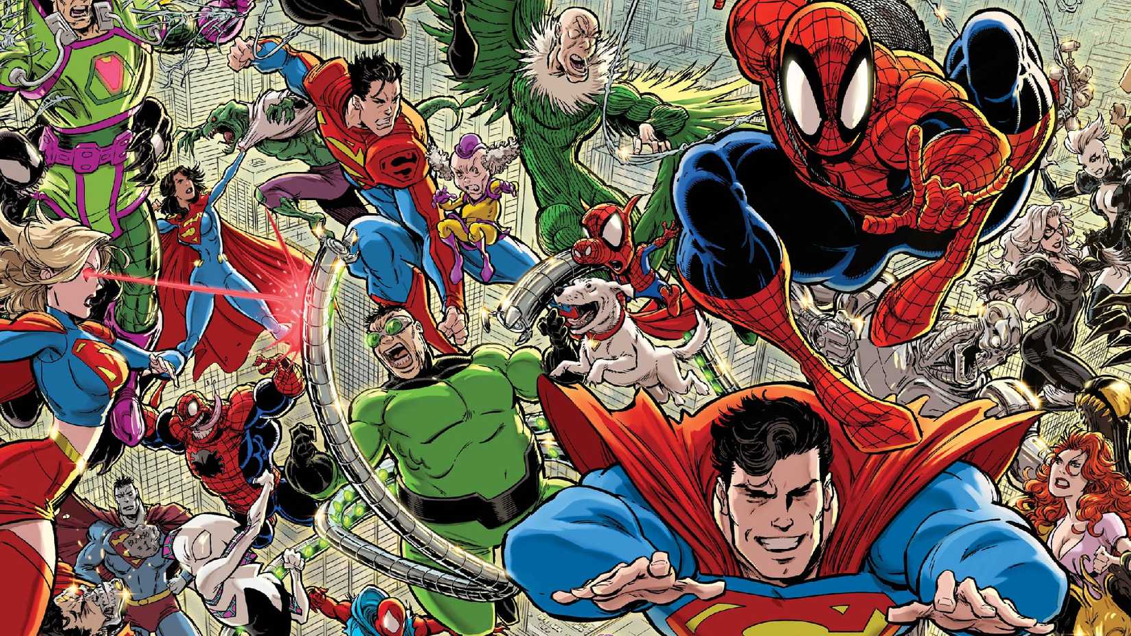 Vollgepacktes Cover zum Spider-Man- und Superman-Crossover