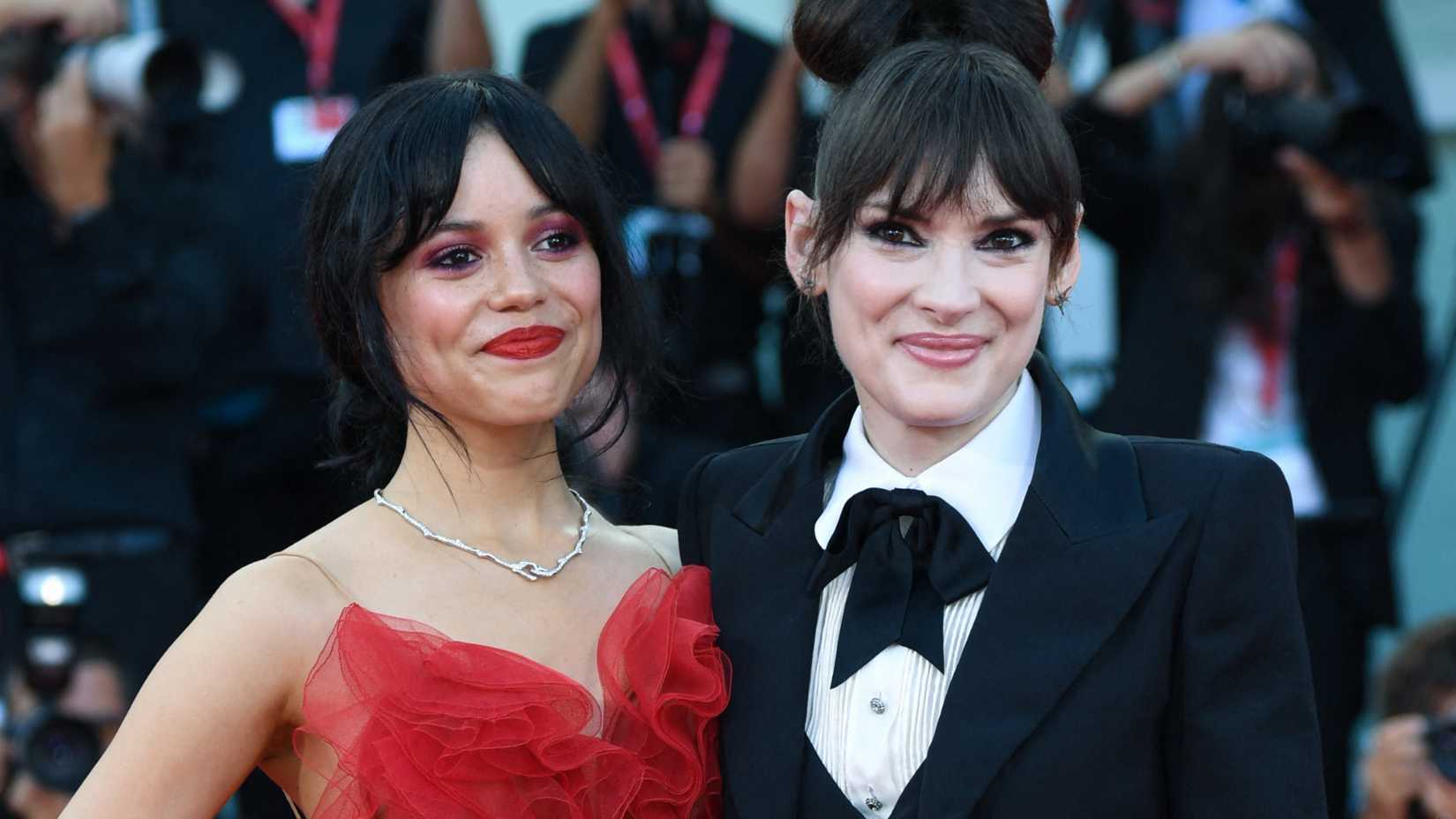 Jenna Ortega and Winona Ryder pose on the red carpet
