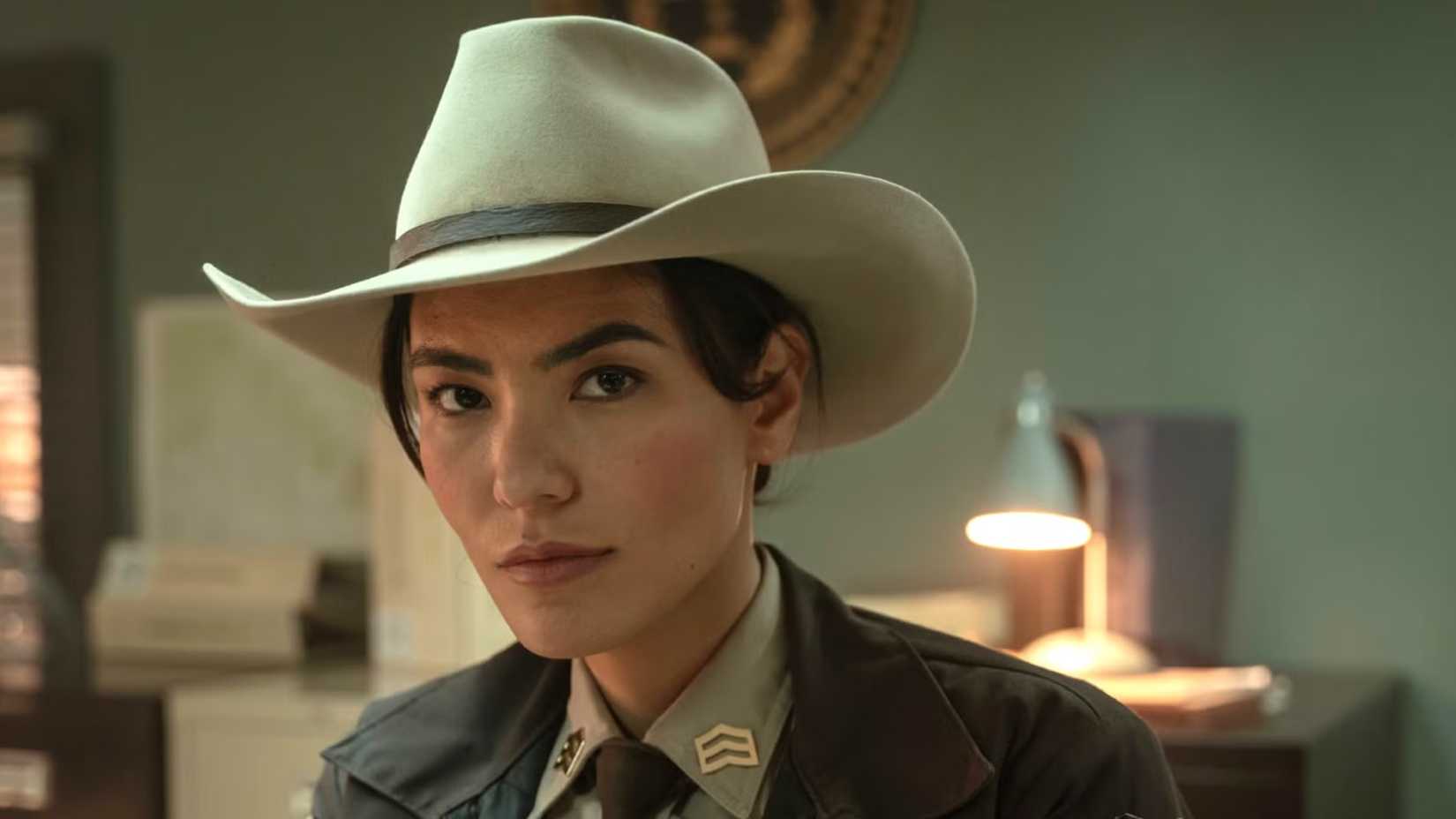 Jessica Matten as Bernadette Manuelito looking at the camera in Dark Winds