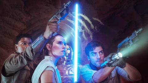 John Boyega as Finn, Daisy Ridley as Rey, Oscar Isaac as Poe, and Anthony Daniels as C-3PO in The Rise of Skywalker