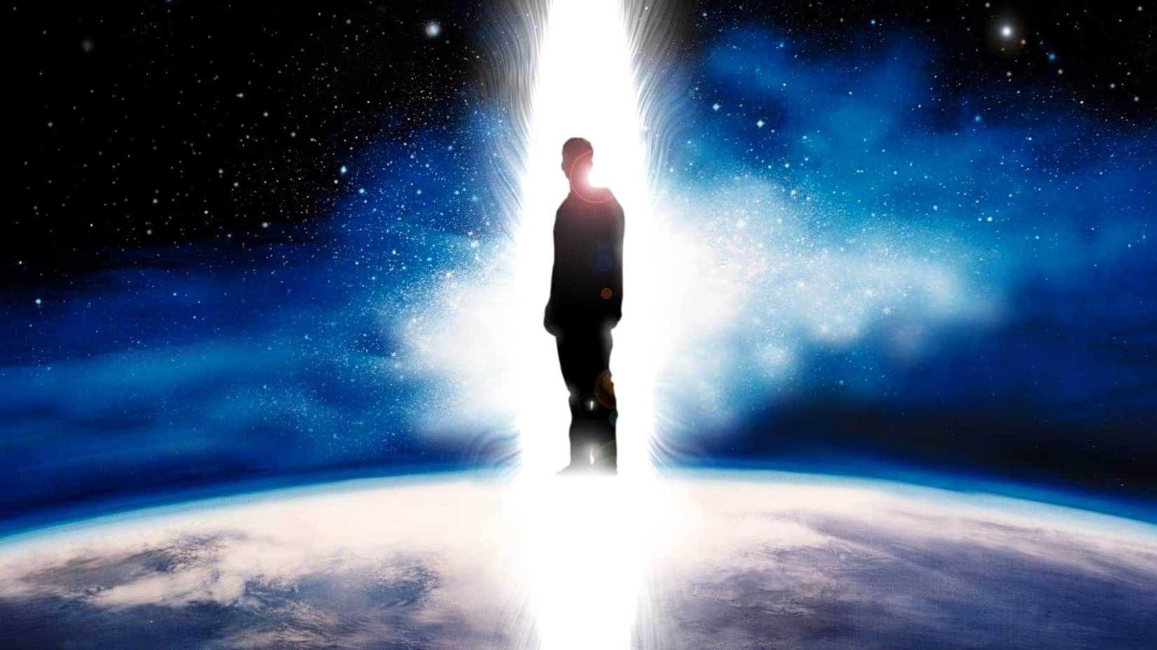 John Oldman's Silhouette steht auf dem Planeten im Filmplakat von The Man From Earth