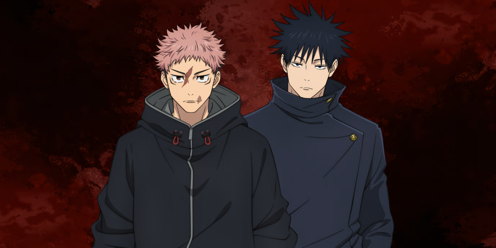 Jujutsu Kaisen anime - Itadori Yuji and Megumi standing with a red background