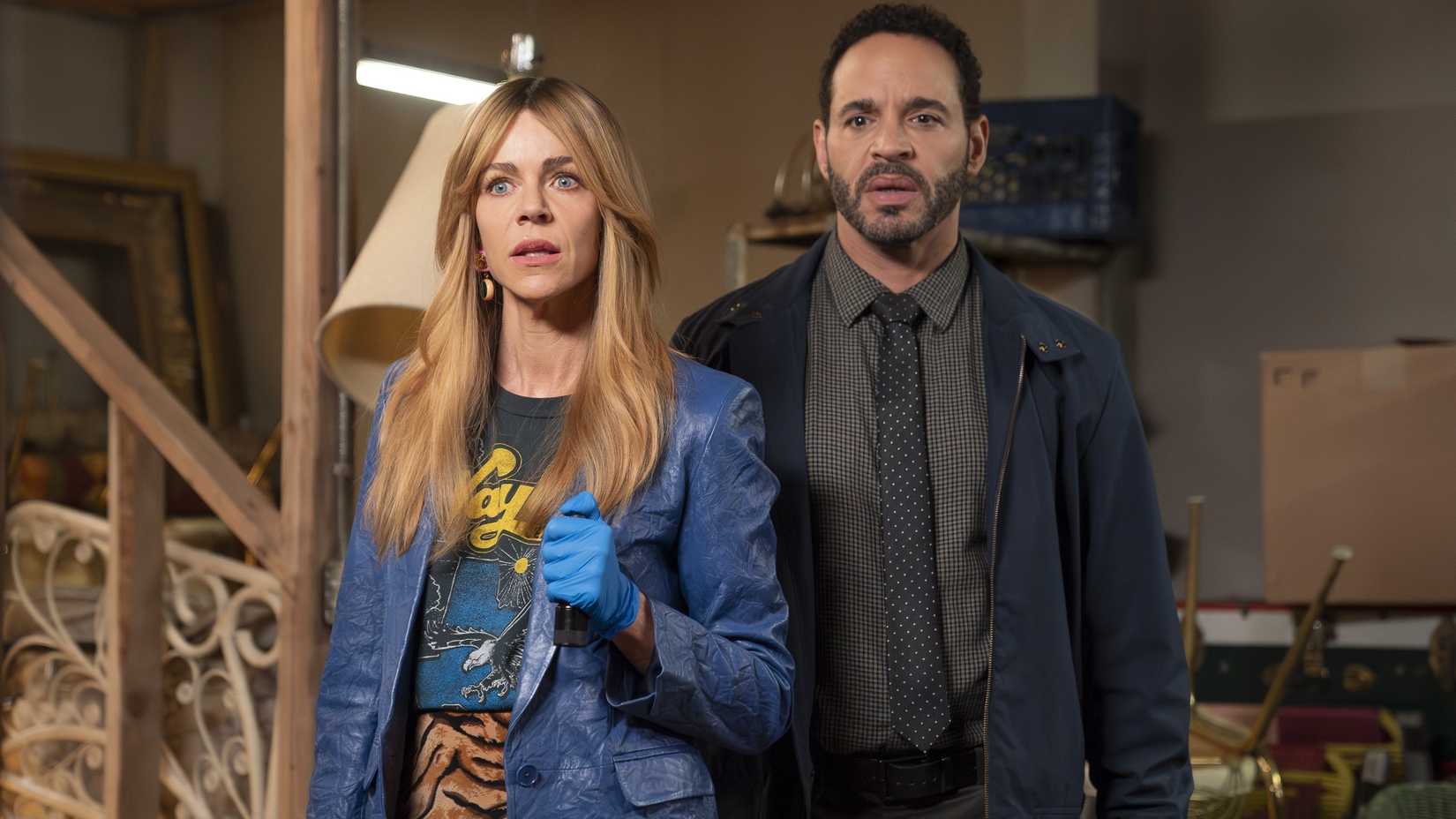 Kaitlin Olson as Morgan and Daniel Sunjata as Karadec looking stunned in High Potential
