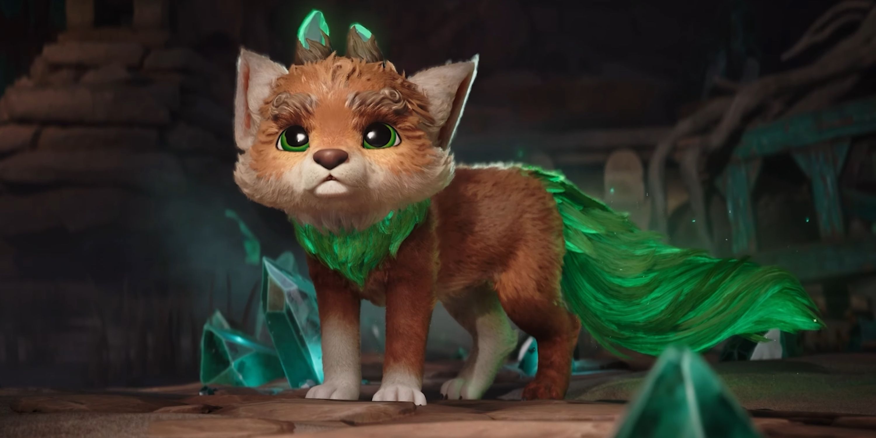 Fox-like animal with a vibrant green tail in Kena Scars of Kosmora.
