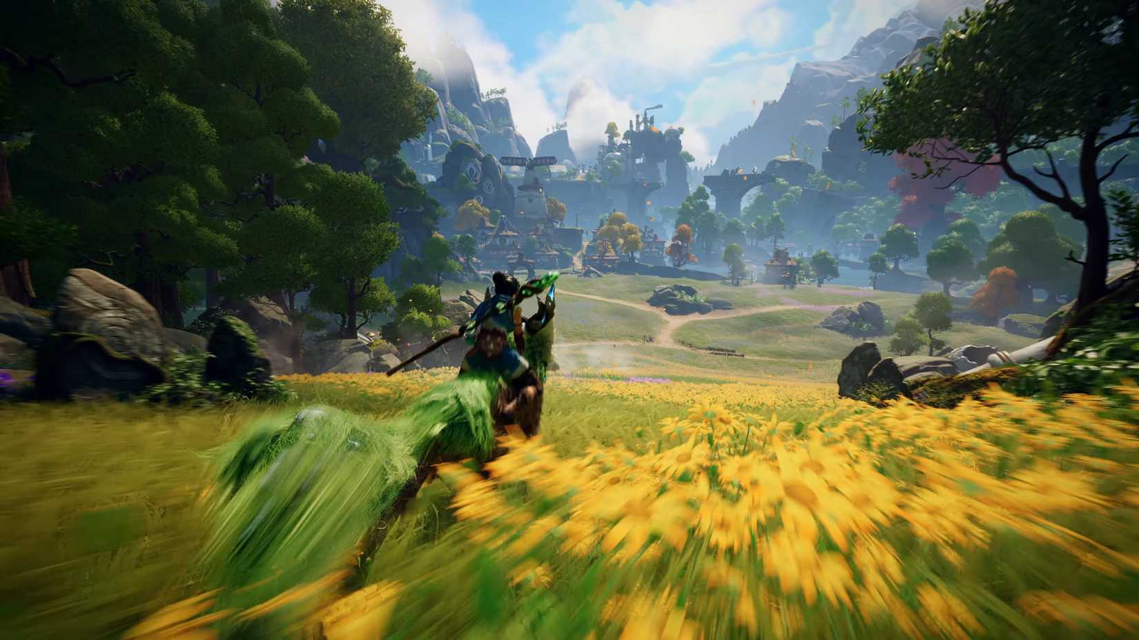 Kena reitet im Scars of Kosmora-Trailer auf einem großen, wolfsähnlichen Reittier in Richtung einer zerstörten Stadt.