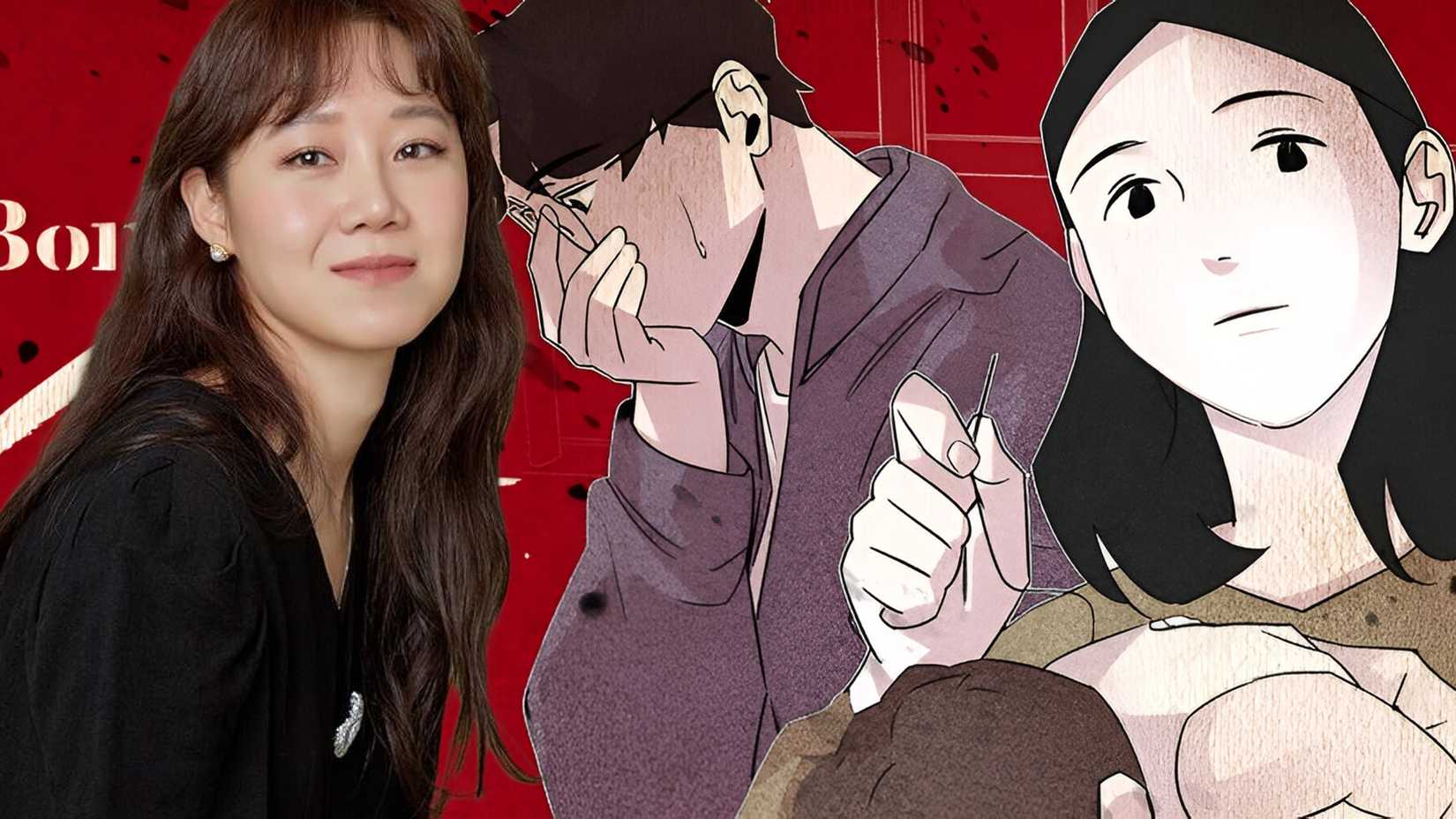 Kong Hyo-jin neben einem Bild aus dem Webtoon A Bona Fide Killer