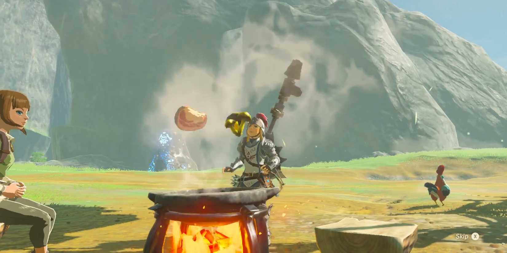 Link looking on in awe as a mushroom and a piece of meat go flying out of a cooking pot in Zelda BOTW.