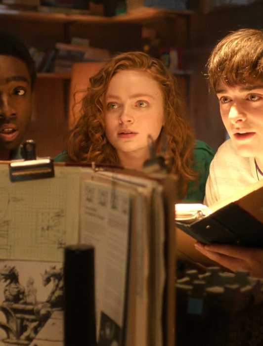 Lucas, Max, Will and Dustin looking at Mike in Stranger Things