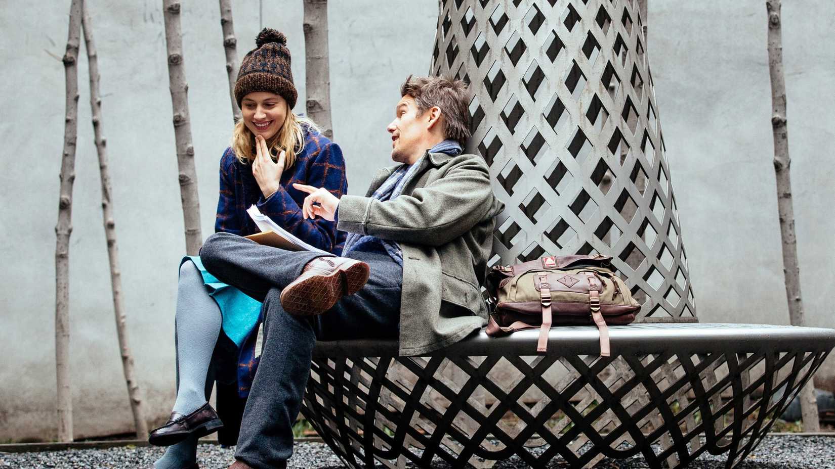 Ethan Hawke and Greta Gerwig talk on a bench in Maggie's Plan