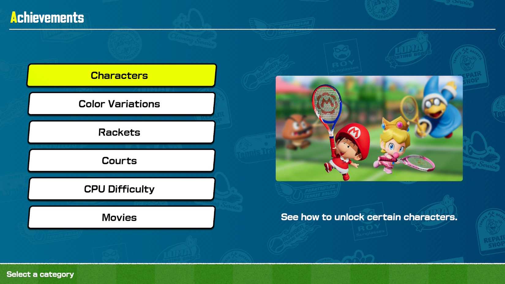 Mario Tennis-Charakterliste-Menü