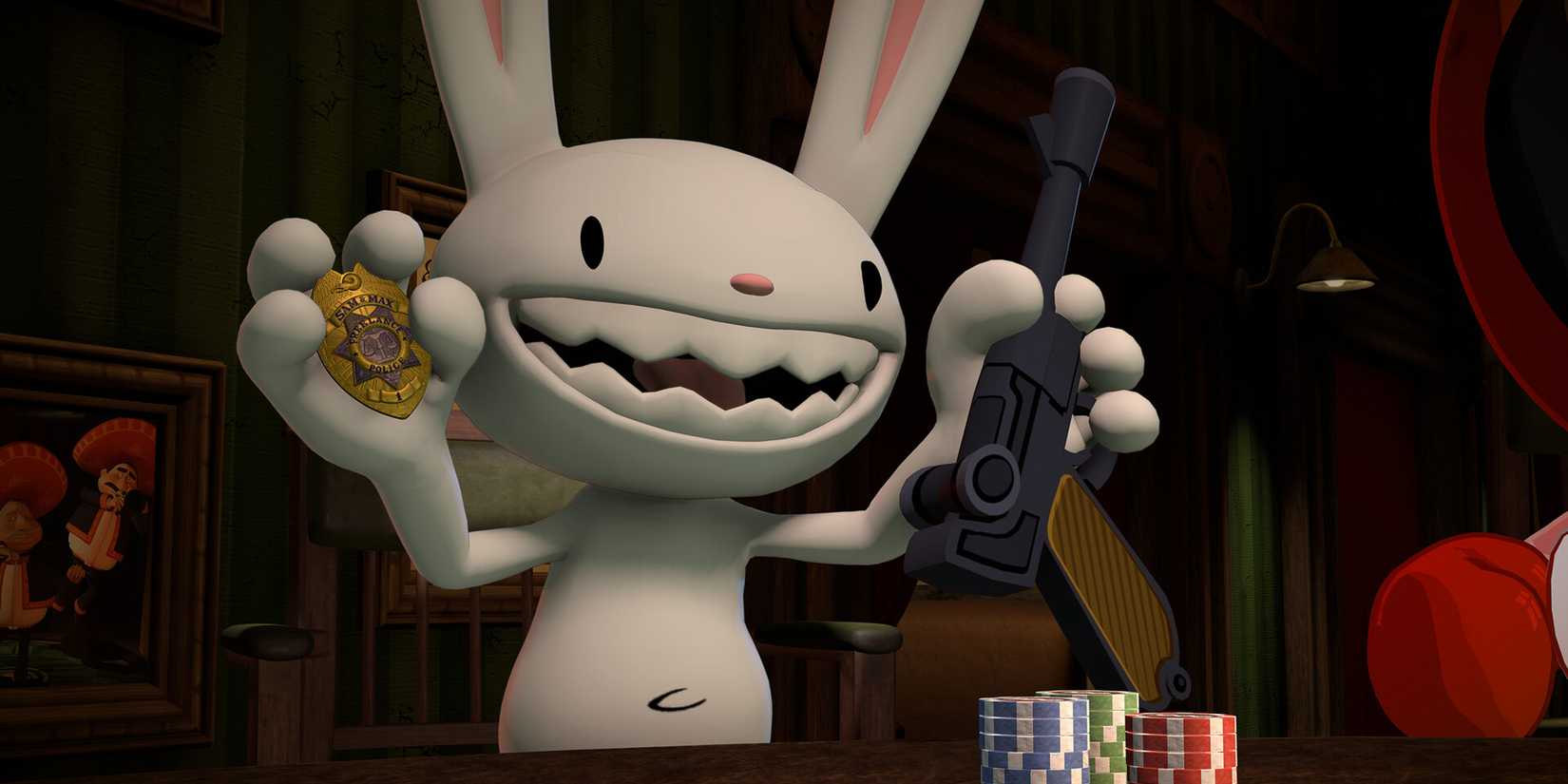 Max schwenkt Abzeichen und Waffe bei der Pokernacht im Inventar