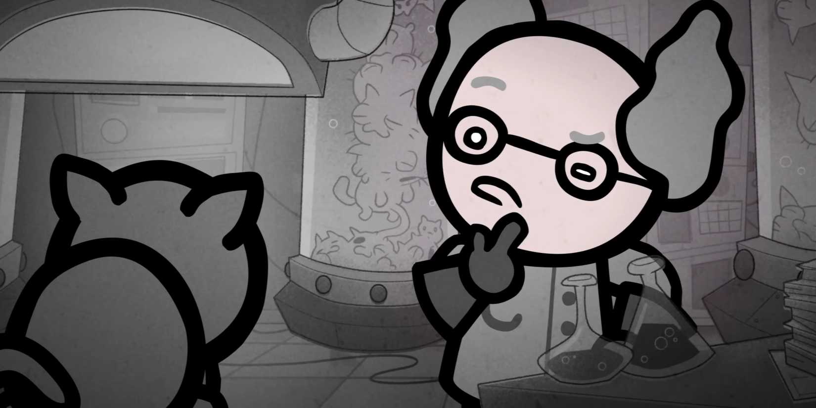 A scientist in Mewgenics looking curiously at a cat whose back is to the camera.
