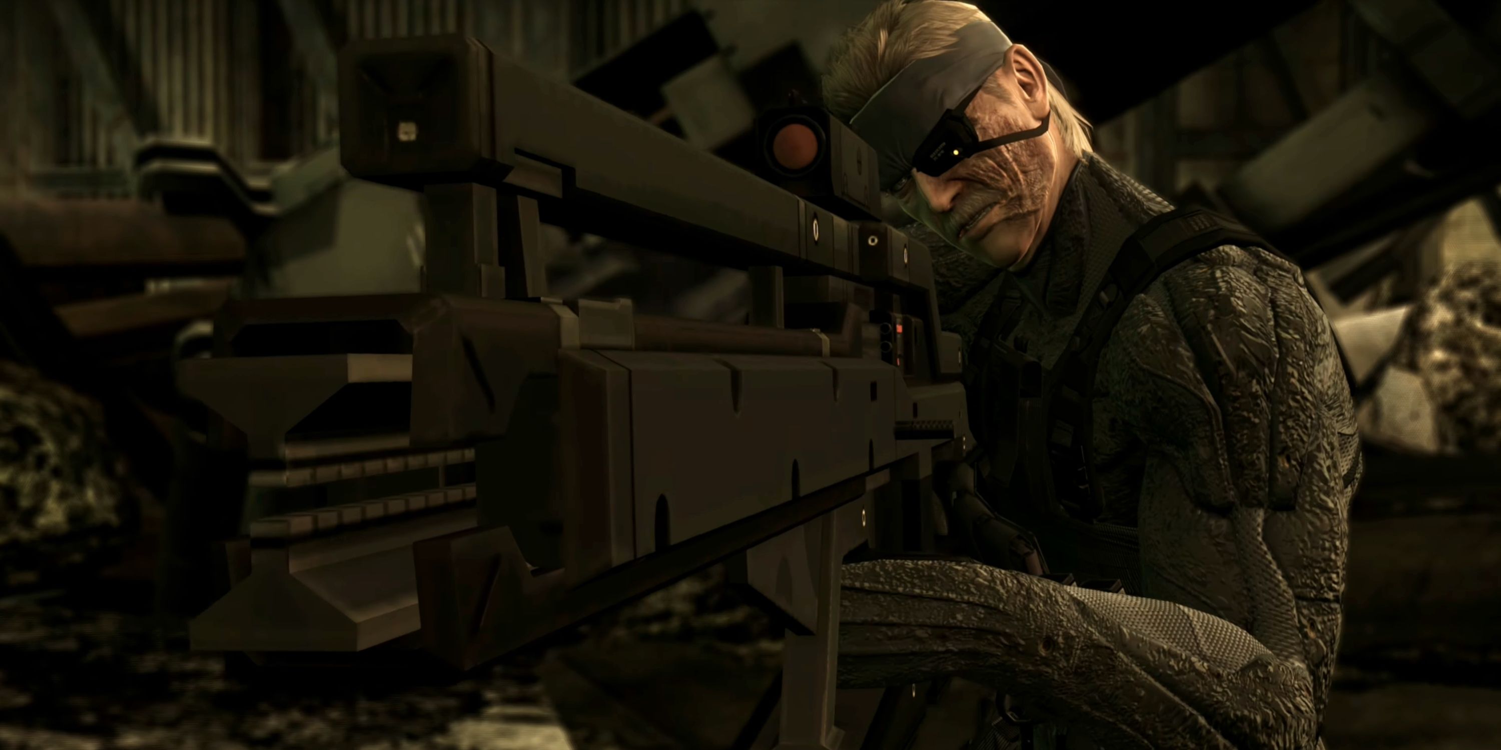 Old Snake holding a big gun in Metal Gear Solid 4.
