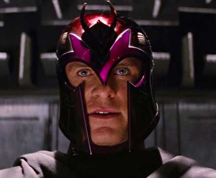 Michael Fassbender as Magneto with a red helmet in X-Men: First Class