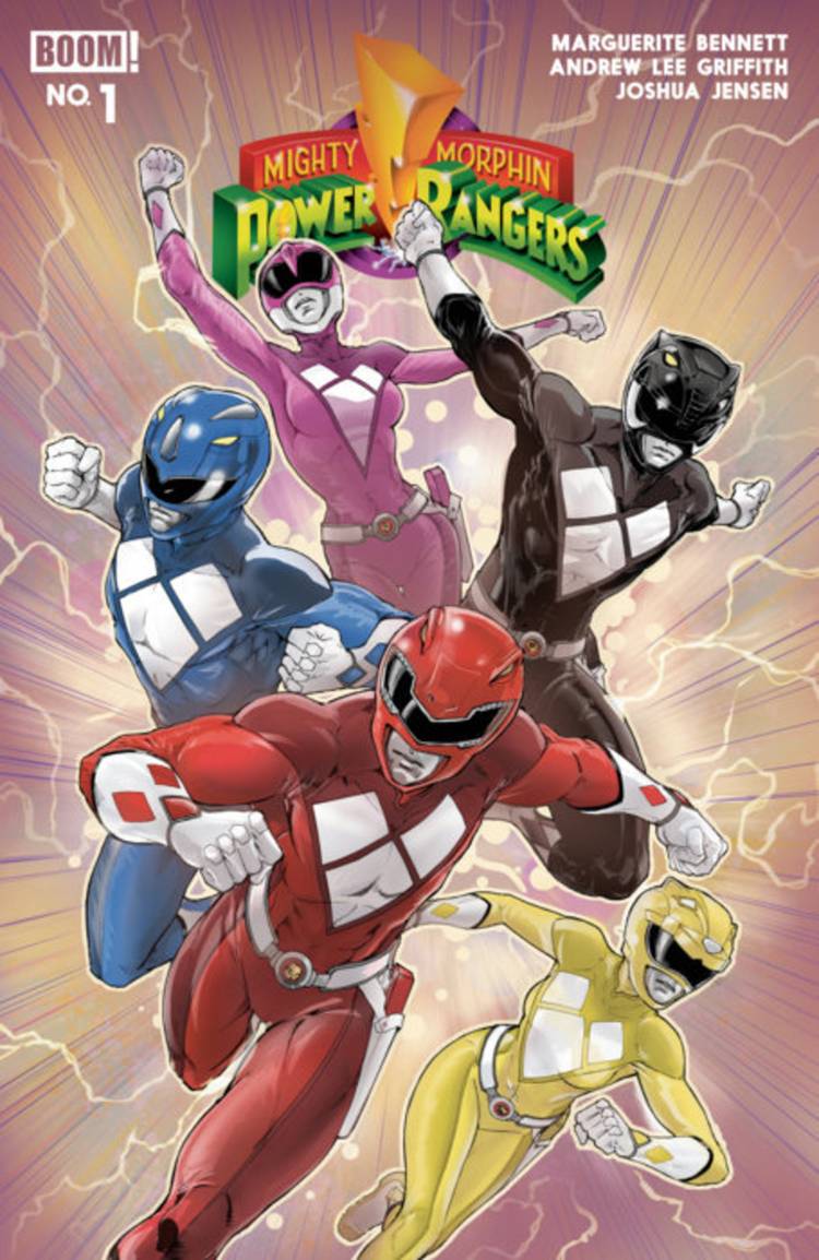 Power Rangers com novos trajes em capa de quadrinho.