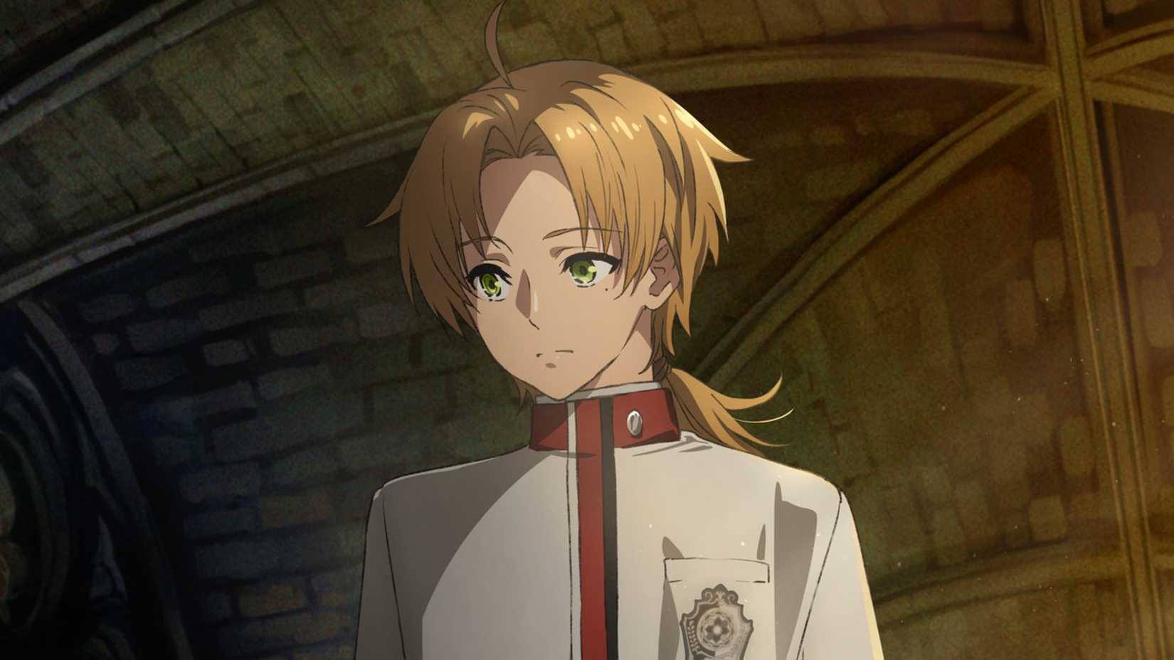 Rudeus blickt in Mushoku Tensei nach unten.