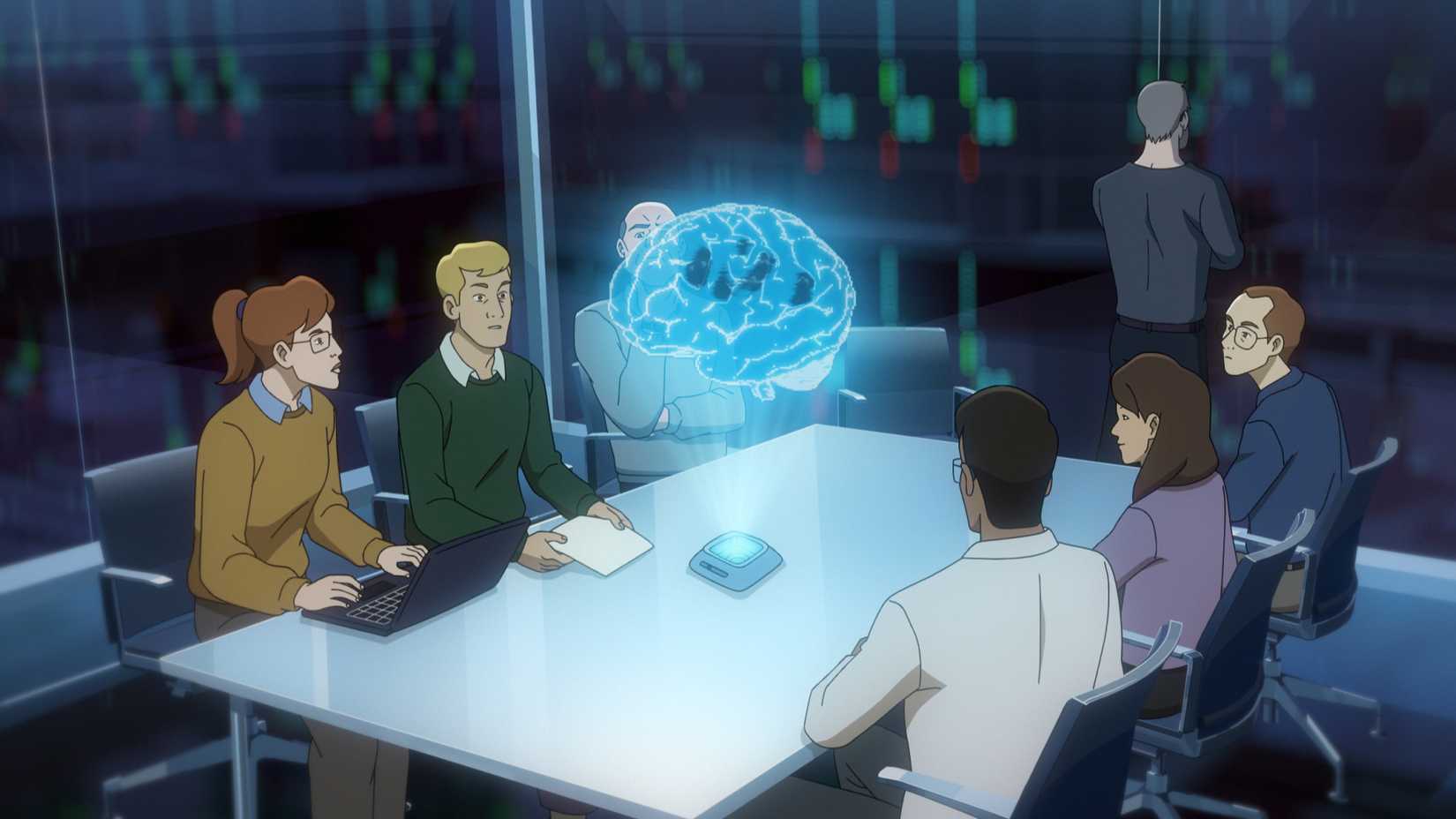 Charaktere betrachten ein Hologramm eines Gehirns im Pantheon