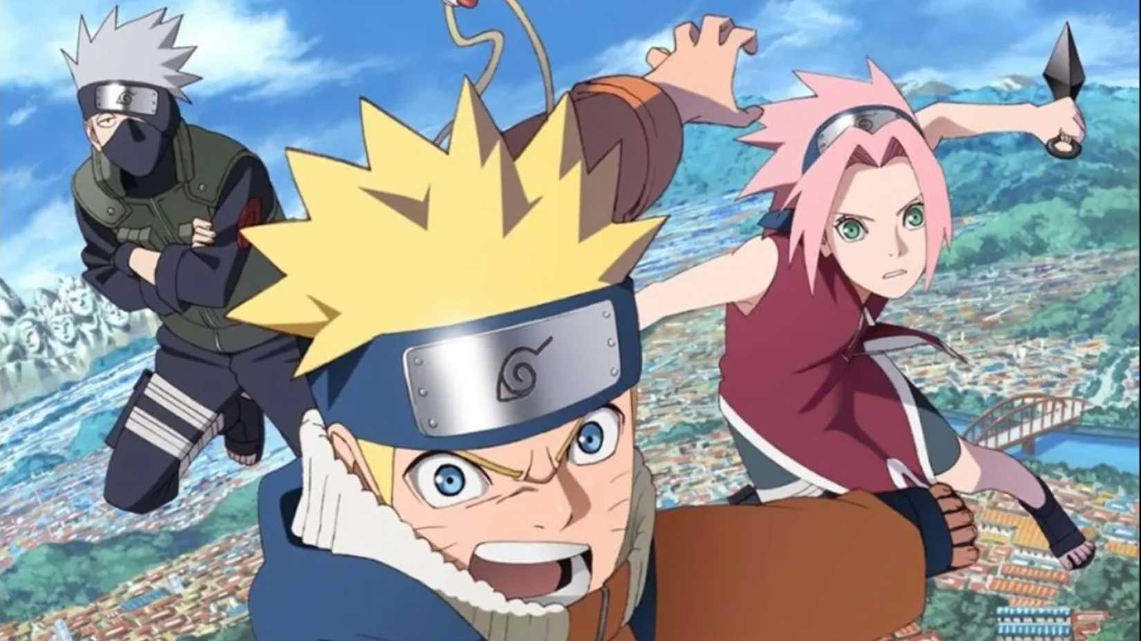 Naruto hoch oben in der Luft, schreiend, mit Sakura und Kakashi hinter ihm.