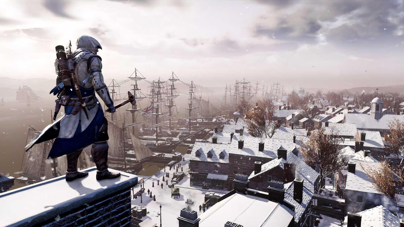Изображение показывает Коннора, стоящего на крыше здания в Assassin's Creed III