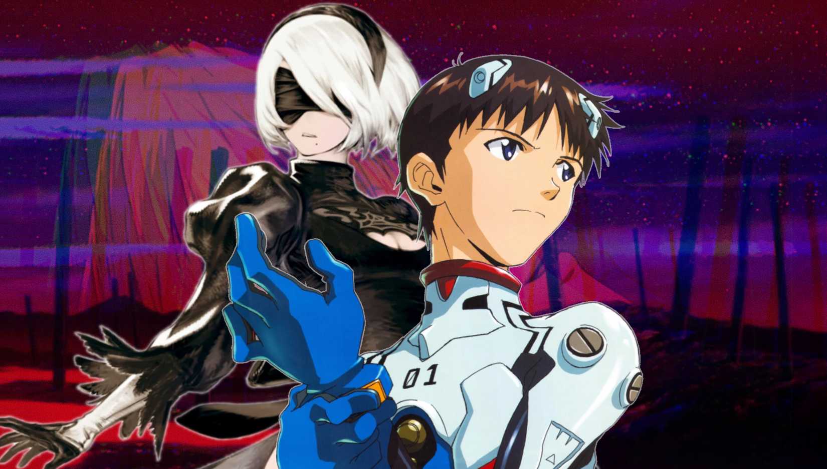  Automata's 2B and Evangelion's Shinji posing in front of a still from The End of the Evangelion.