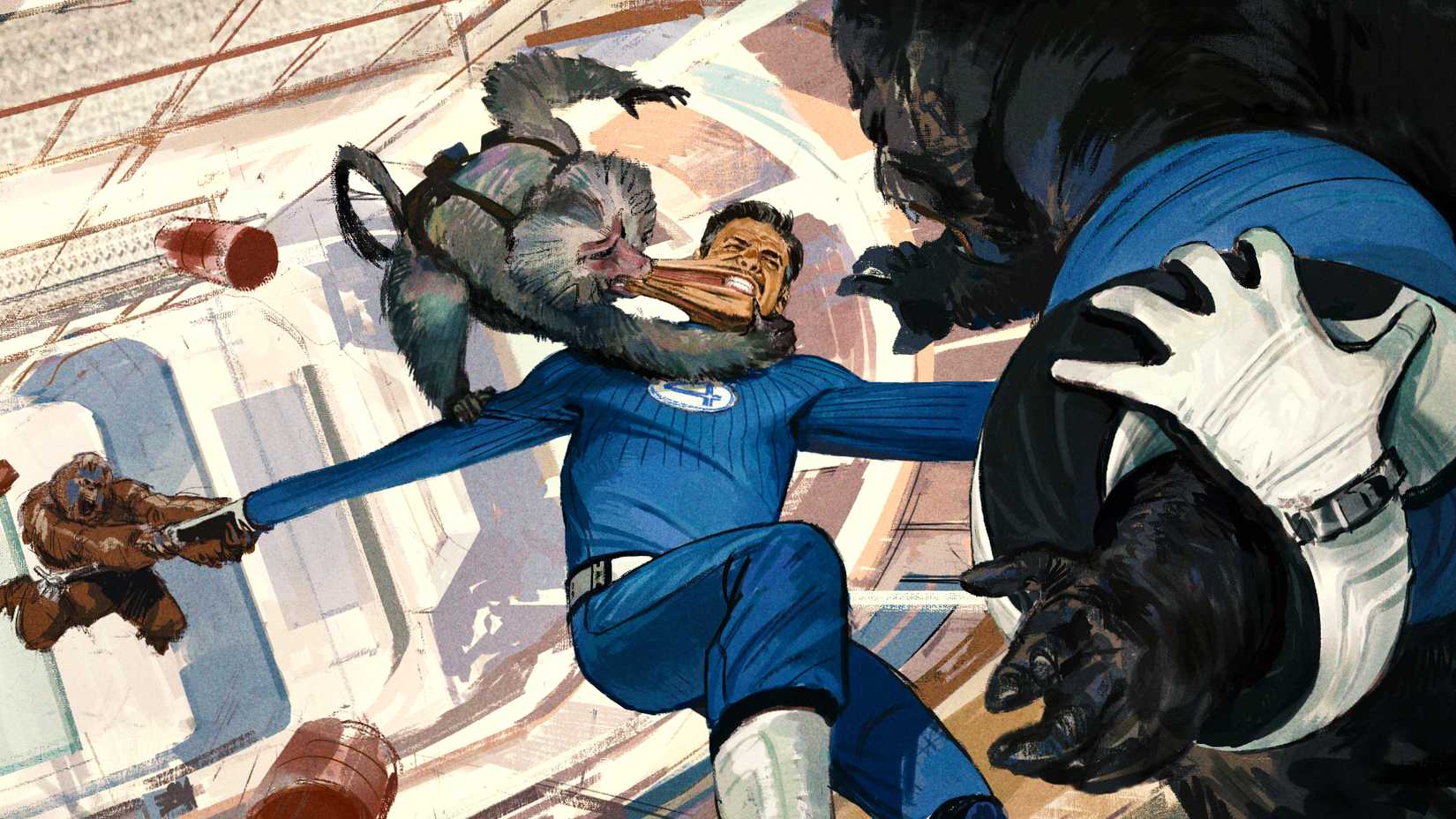 Pedro Pascal's Reed Richards fights Red Ghost's Super-Apes in The Fantastic Four First Steps opening action scene concept art
