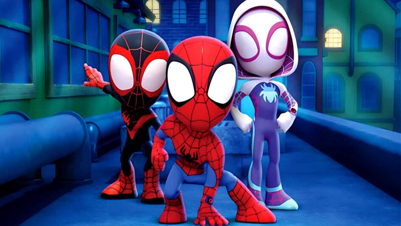 Peter Parker, Miles Morales, and Gwen Stacy pose for a picture in Spidey and His Amazing Friends