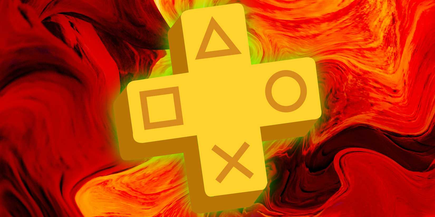 The PlayStation Plus logo is superimposed over a red swirling background.