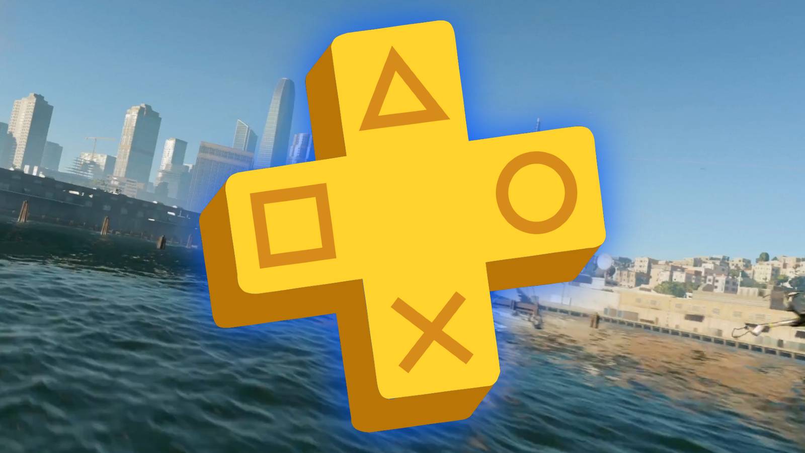 The PlayStation Plus logo is superimposed over the image of a beach.
