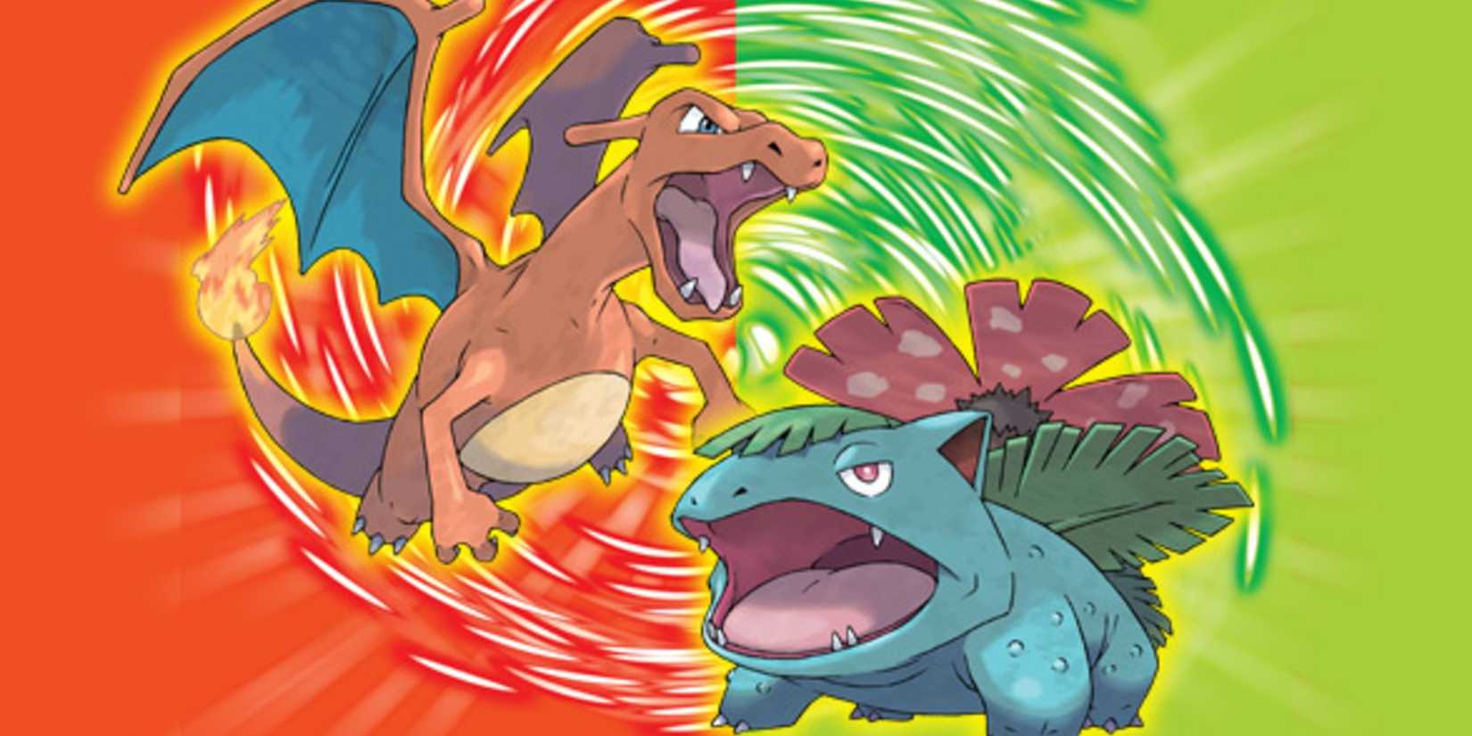 Promotional images for Pokemon Fire Red and Leaf Green featuring Charizard and Bulbasaur