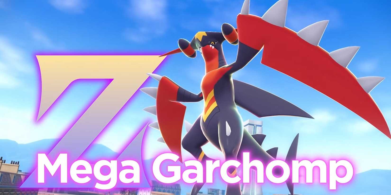 Mega Garchomp Z em pose no jogo Pokémon Legends ZA com inscrições ao redor.
