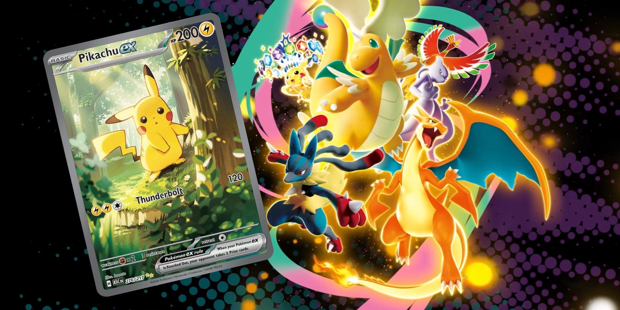 Pokemon TCG Mega Evolution Ascended Heroes key artwork and Pikachu ex card