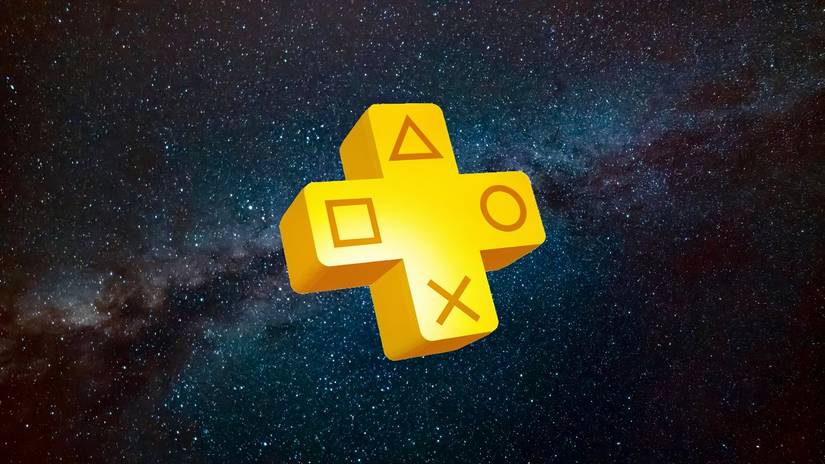 PlayStation Plus logo against a starry backdrop 