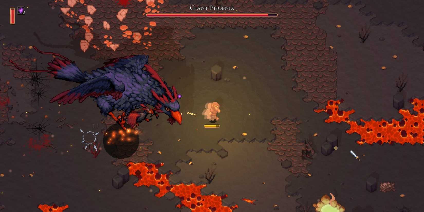 Ein Charakter rennt während eines Bosskampfs in Romestead vor dem Riesenphönix davon.